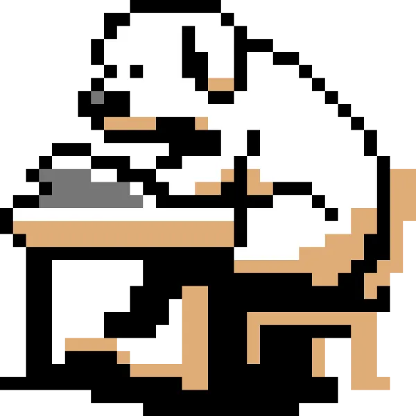 机で調べものをする犬のオリジナルキャラクター